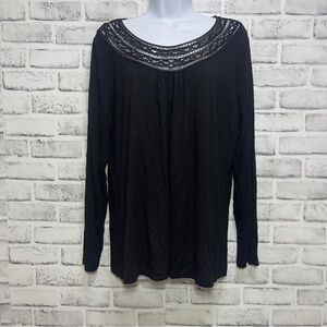 Dana Buchman Black Lattice Ribbon Neck Line Long Sleeve Stretch Blouse Large